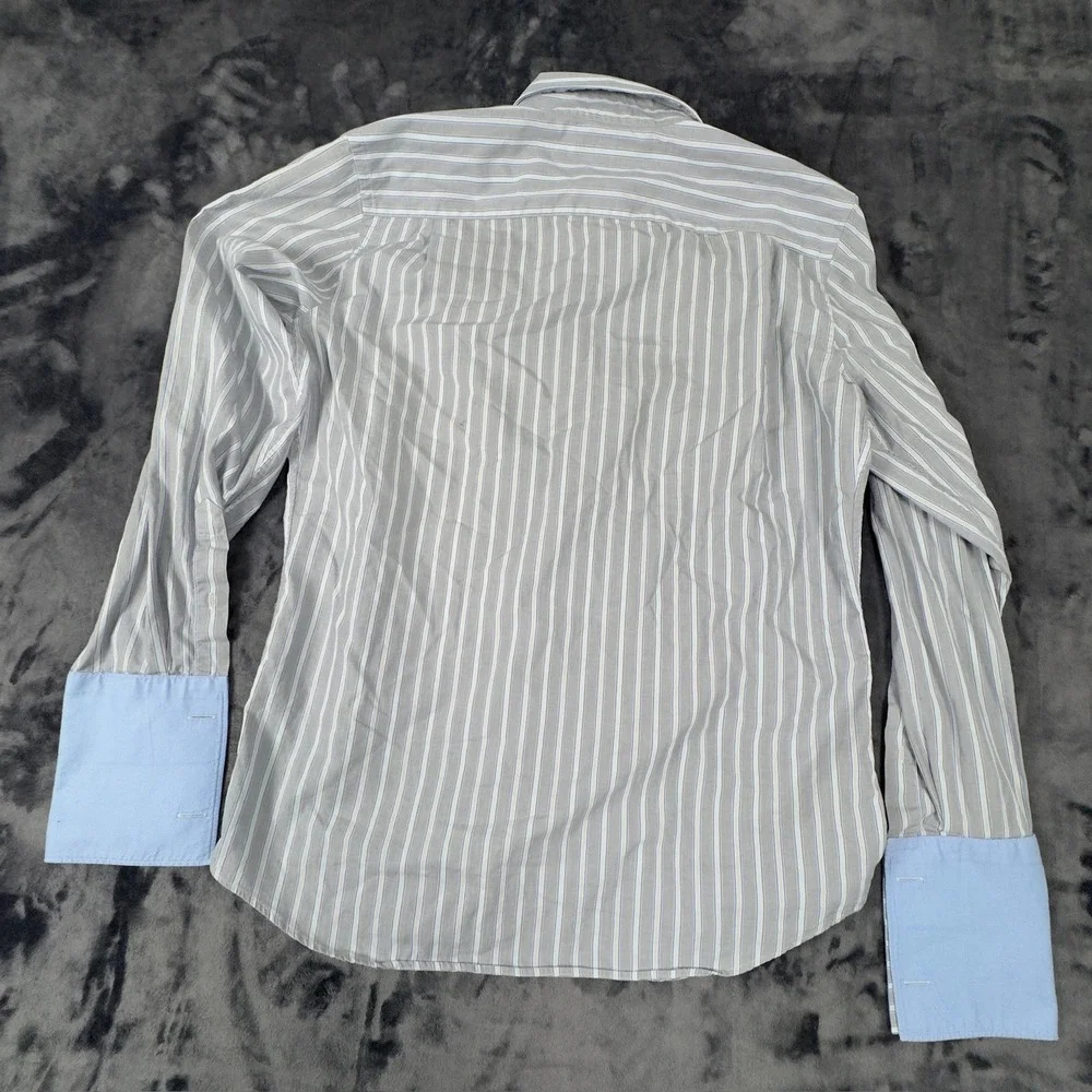 Banana Republic Dress Shirt Mens M 15-15.5 Grey Blue Striped French Cuff‎ Fitted